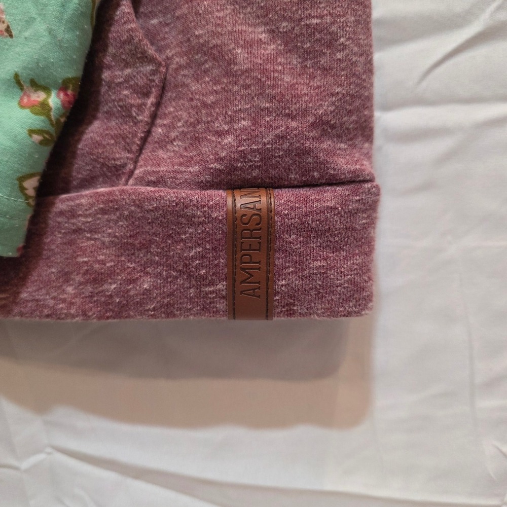 Ampersand Avenue Womens Floral Raglan Double Hood Hoodie Burgundy Mint Medium - Picture 5 of 5
